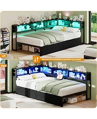 homfan Twin Daybed Frame with Corner Design – Storage Shelf and Drawers, Bookcase Headboard, Charging Station Led Light, Metal Platform Sofa Bed
