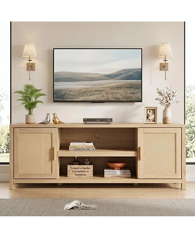 homfan Rattan Tv Stand, 66 Inch Boho Entertainment Center with Cabinets and Open Shelves, Wood Media Console with Adjustable Shelves