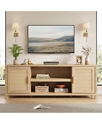 homfan Rattan Tv Stand, 66 Inch Boho Entertainment Center with Cabinets and Open Shelves, Wood Media Console with Adjustable Shelves
