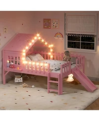 Streamdale Furniture Loft Bed With Slide, Playhouse, Stars, Window, Led Lights