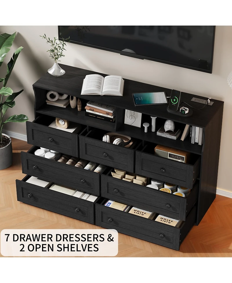 homfan 7-Drawer Wooden Dresser with Usb Charging Station and Led Lights, Modern Chest 2 Open Cubbies for Bedroom, Living Room