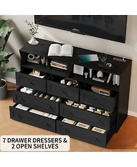 homfan 7-Drawer Wooden Dresser with Usb Charging Station and Led Lights, Modern Chest 2 Open Cubbies for Bedroom, Living Room