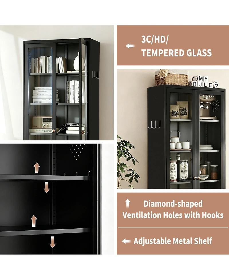 Boyel Living Storage Cabinet 72 Inch Tall 5 Shelf Glass Door Metal Organizer