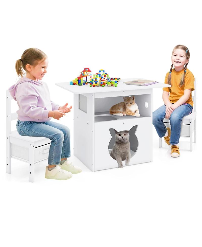 Slickblue Kids Table and Chairs Set 3 Piece Wooden Furniture with Cat House