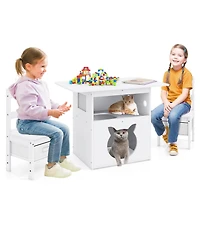 Slickblue Kids Table and Chairs Set 3 Piece Wooden Furniture with Cat House