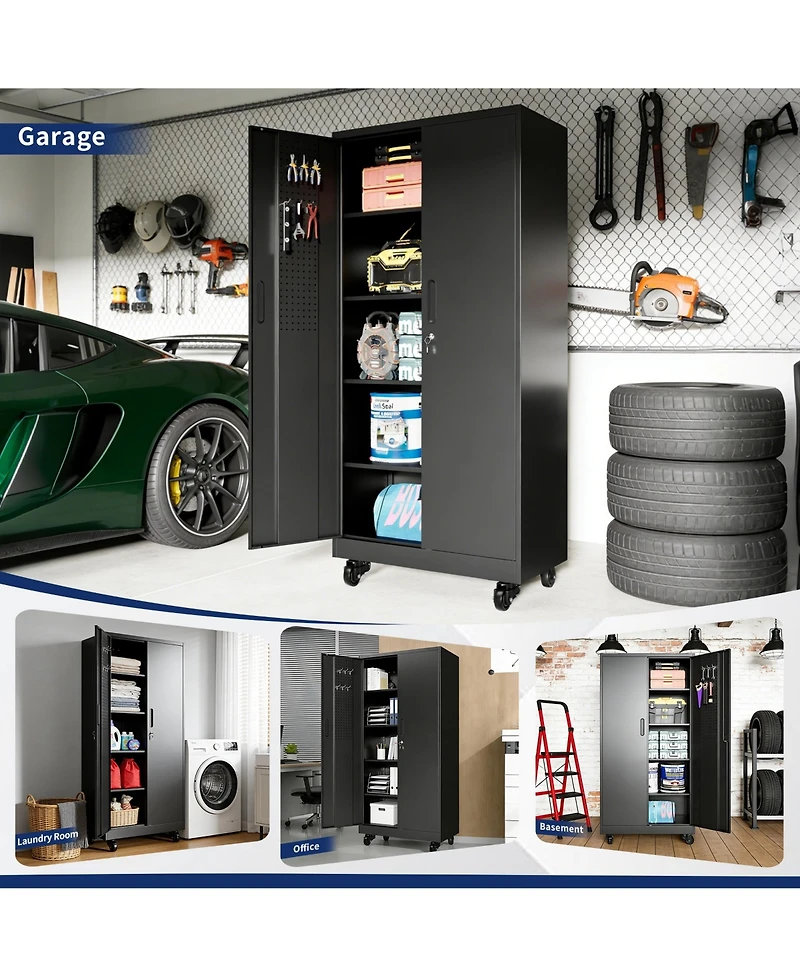 Boyel Living Garage Storage Cabinet Steel 4 Shelf Pegboard Doors Locking Wheels 900lb