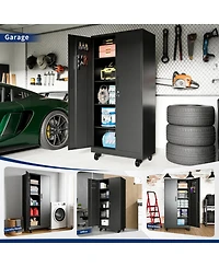 Boyel Living Garage Storage Cabinet Steel 4 Shelf Pegboard Doors Locking Wheels 900lb