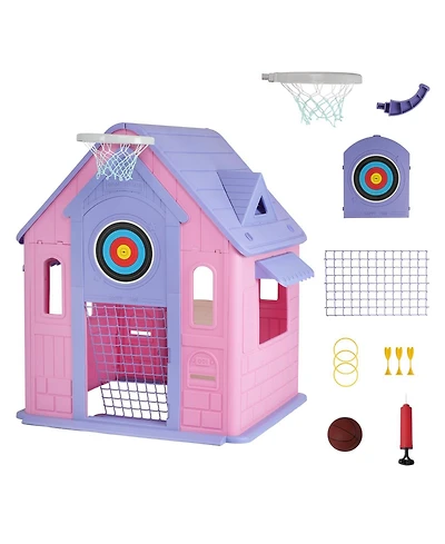 homfan Kids Outdoor and Indoor Playhouse Cottage , Toddler Playground with Basketball Hoop for Ages 2