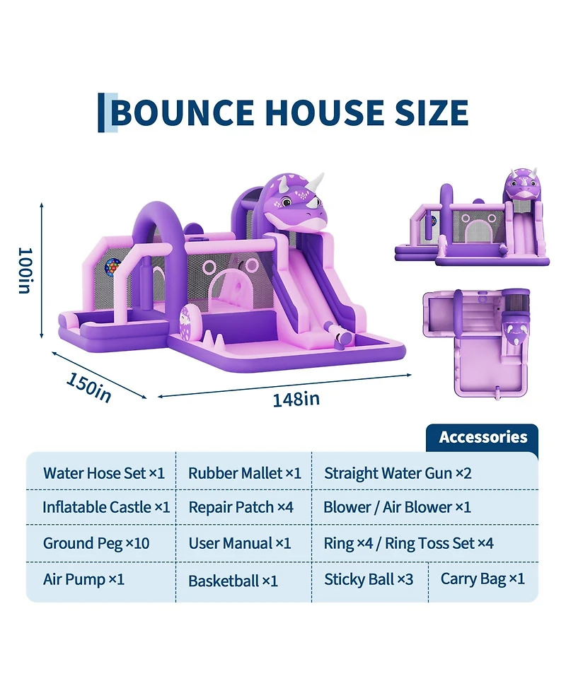 homfan Dinosaur Bounce House, 148"L x 150"W x 100"H, Oxford Cloth with Slide & Climbing Wall, 250 Lbs Capacity, Ages 3+
