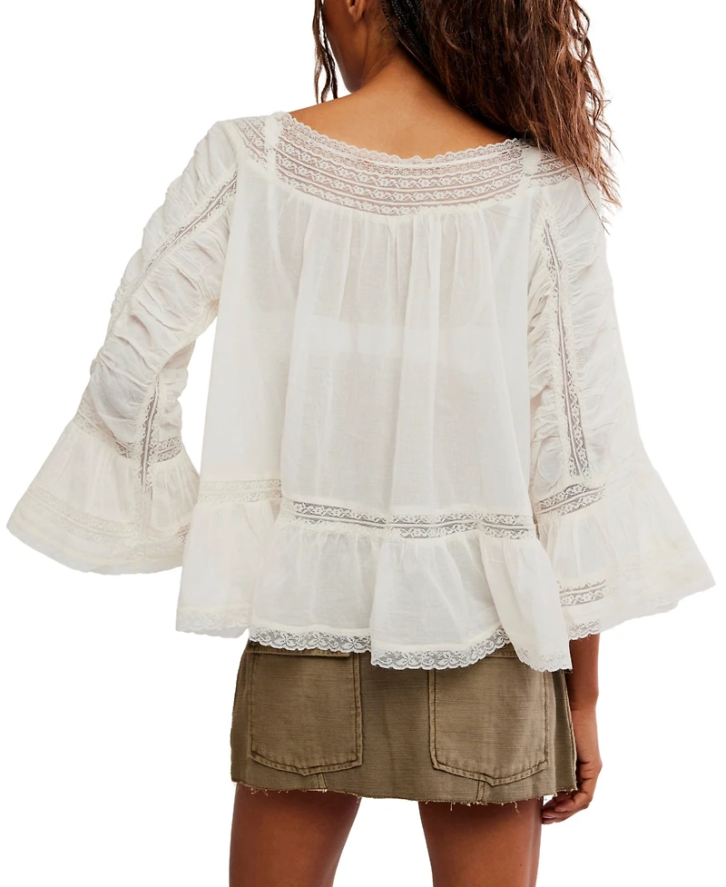 Free People Women's Lace-Trim Bell-Sleeve Scoop Neck Blouse