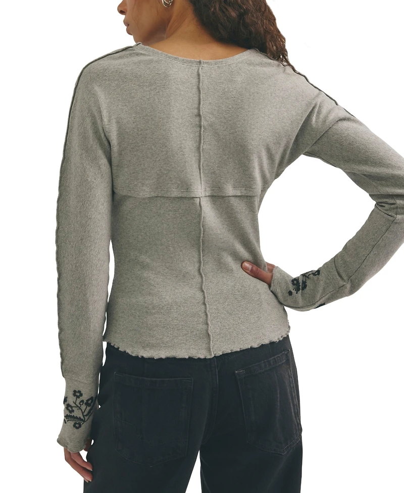 Free People Women's Olivia Ribbed Embroidered Long-Sleeve Top