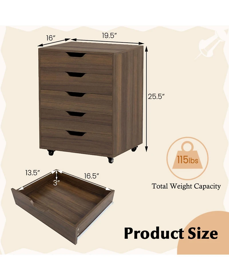 Mecale 5-Drawer Mobile File Cabinet with Lockable Casters, Walnut