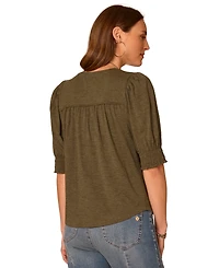 Democracy Women's Smocked Pintuck Knit Mandarin Collar Top