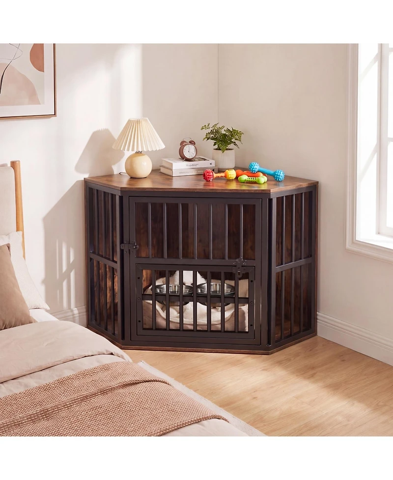 Ruie Wooden Corner Dog Kennel End Table with 3 Position Bowl Rack