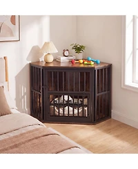Ruie Wooden Corner Dog Kennel End Table with 3 Position Bowl Rack