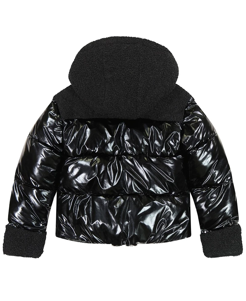 Sam Edelman Girls' 7-16 Metallic with Sherpa Hybrid Hooded Jacket
