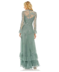 Mac Duggal Petite Beaded Embroidered Long-Sleeve Gown