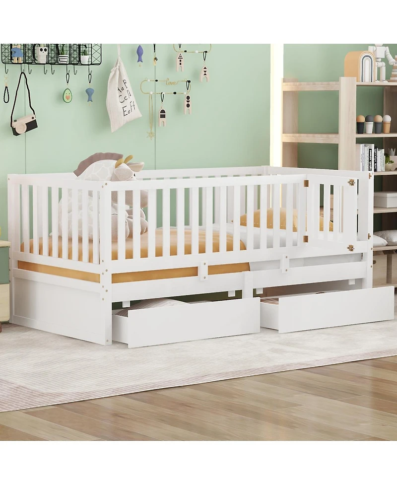 Streamdale Furniture Twin Wood Daybed With Drawers and Fence Rails