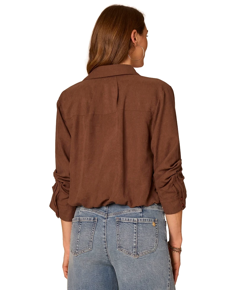 Democracy Petite Ruched-Sleeve Bubble-Hem Shirt