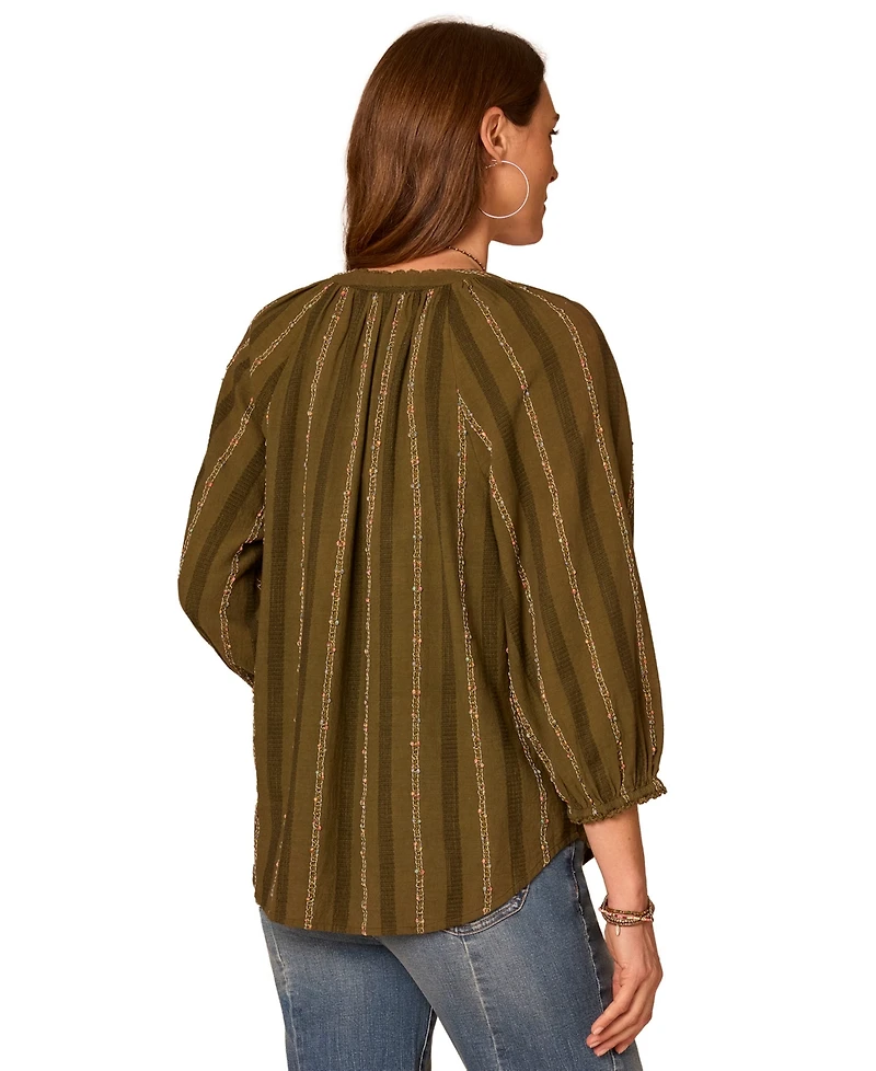 Democracy Petite Blouson-Sleeve Split Neck Woven Top