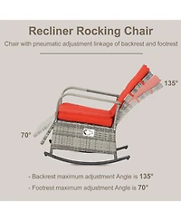 Outsunny Outdoor Rattan Wicker Rocking Chair Patio Recliner with Soft Cushion, Adjustable Footrest, Max. 135 Degree Backers, Red