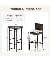 Sugift 3 Piece Outdoor Bar Set with Pe Wicker Stools, Tempered Glass Table and Cushions