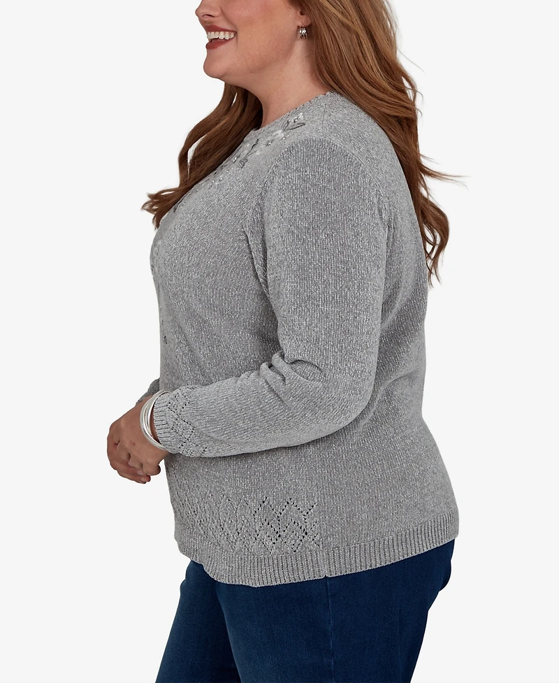 Alfred Dunner Plus Classic Embroidered Floral Textured Chenille Sweater