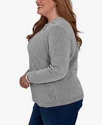 Alfred Dunner Plus Classic Embroidered Floral Textured Chenille Sweater