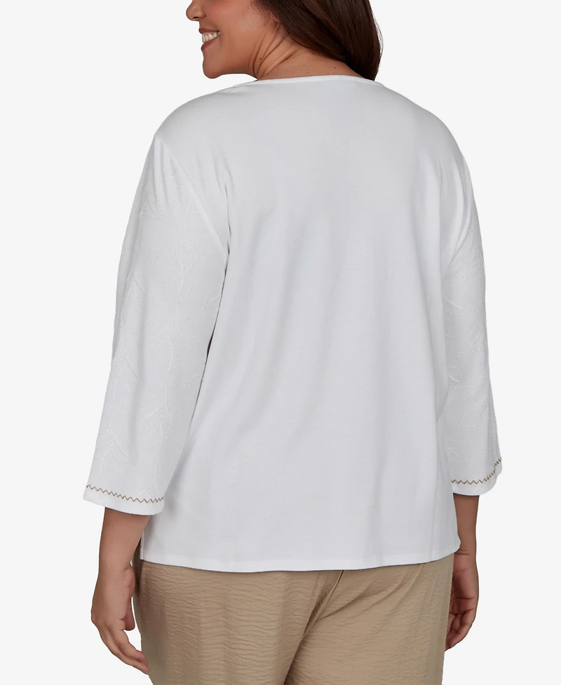 Alfred Dunner Plus Travel Advisory Floral Butterfly Line Embroidered Top