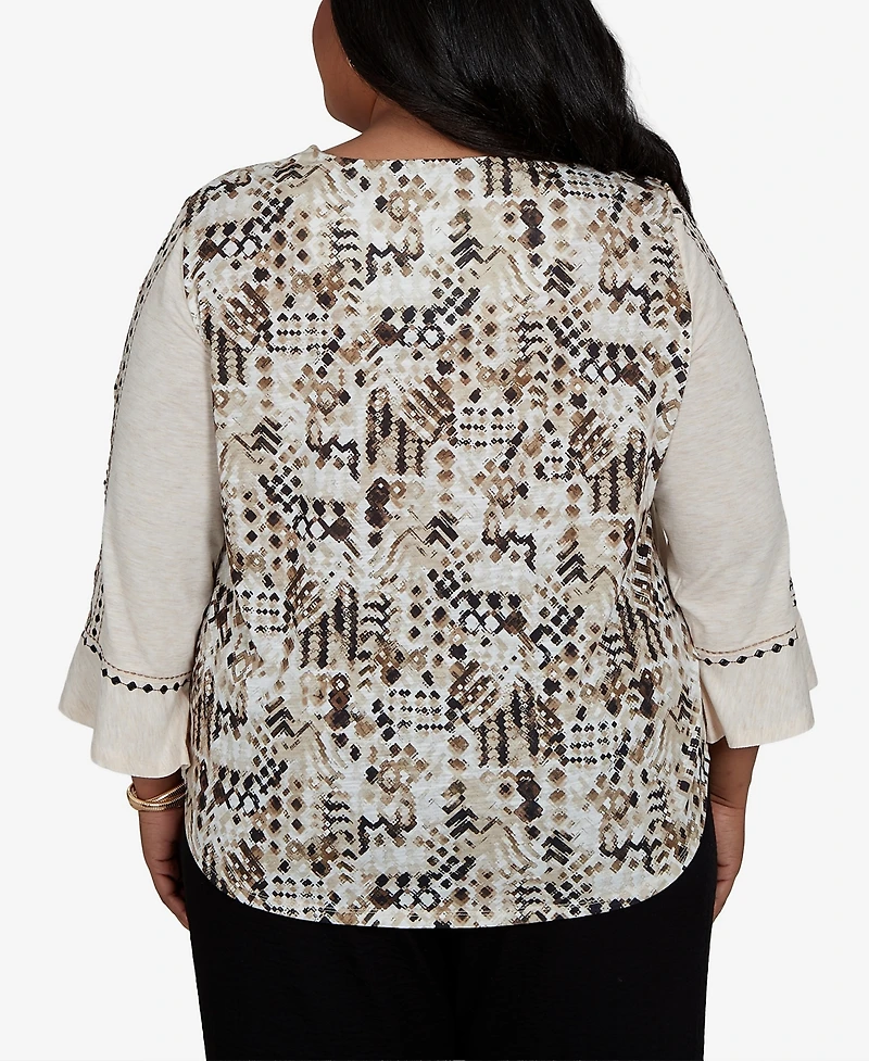 Alfred Dunner Plus Travel Advisory Geo Embroidered Printed Back Top
