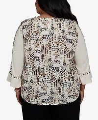 Alfred Dunner Plus Travel Advisory Geo Embroidered Printed Back Top