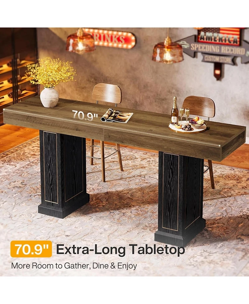 Tribesigns 70.9" Extra Long Bar Table For 6-8: Rustic Counter Height Pub Table with Dual Pedestal Base for Home Bar, Kitchen, Game Room