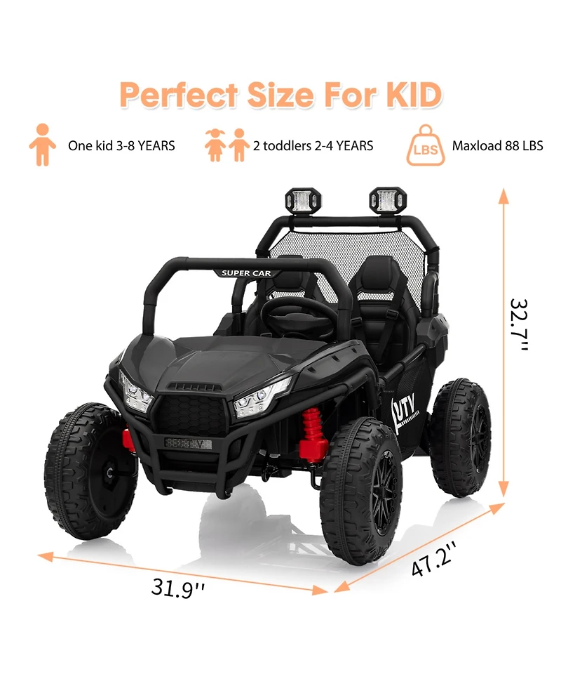 homfan 2-Seater Electric Ride-On Utv Car, Remote Control, Spring Suspension, Led Lights, Wireless, Spacious Seat, Treaded Tires, Metal Frame