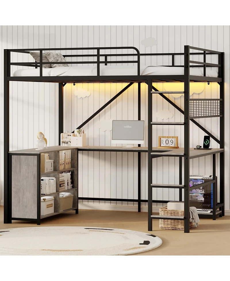 homfan Full Loft Bed with U-Shaped Desk – 6 Cubbies, Power Outlet, Led Lights and Pc Stand, Heavy Duty Metal Frame for Apartment and Small Space