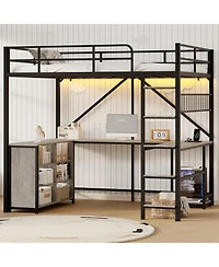 homfan Full Loft Bed with U-Shaped Desk – 6 Cubbies, Power Outlet, Led Lights and Pc Stand, Heavy Duty Metal Frame for Apartment and Small Space
