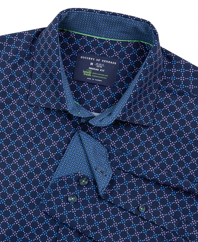 Society of Threads Men's Regular Fit 4-Way Stretch Performance Geometric Dress Shirt