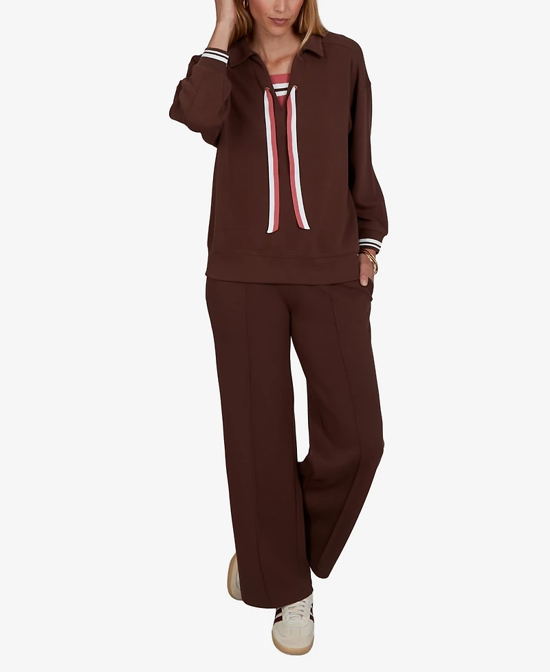 Ruby Rd. Petite Stripe Trim Drawstring Pullover Top