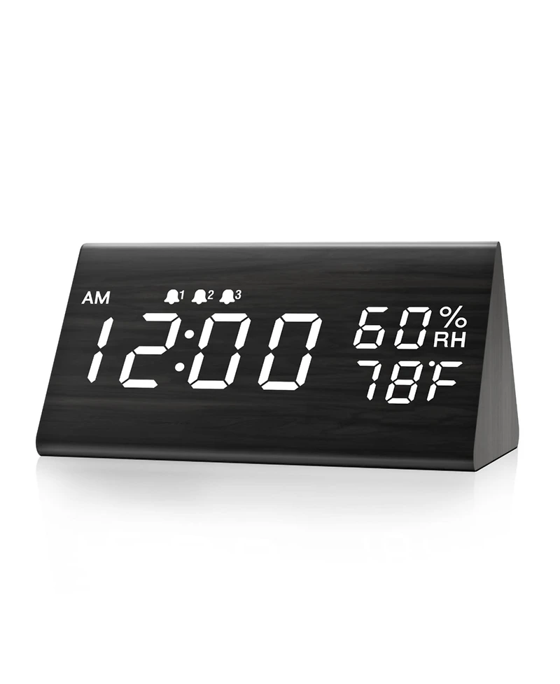 Jall Wooden Digital Alarm Clock 3 Alarms with Weekday Mode Humidity and Temperature Sensor Adjustable Brightness Usb to Barrel Cord No Batteries