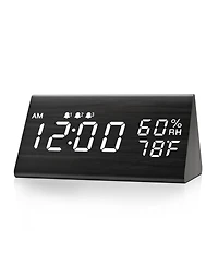 Jall Wooden Digital Alarm Clock 3 Alarms with Weekday Mode Humidity and Temperature Sensor Adjustable Brightness Usb to Barrel Cord No Batteries
