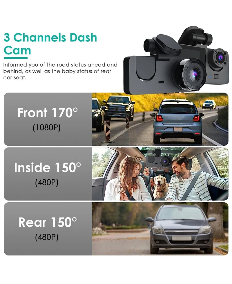 Neewer 3 Channel Dash Cam Front Inside Rear Vehicle Driving Recorder Car Dvr with 32G Mmc Card G Sensor Motion Detection Parking Monitor Night Vision