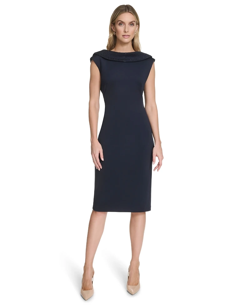 Calvin Klein Women's Rhinestone-Embellished Boat Neck Cowl Back Sheath Dress