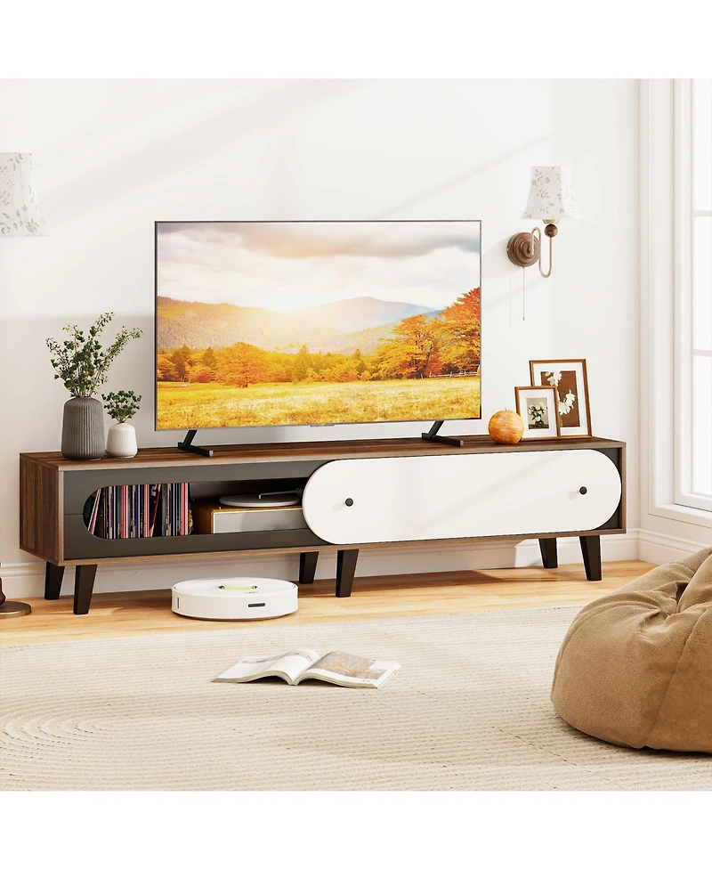 Slickblue Mid-Century Tv Stand for 80" TVs with Sliding Door Cabinet
