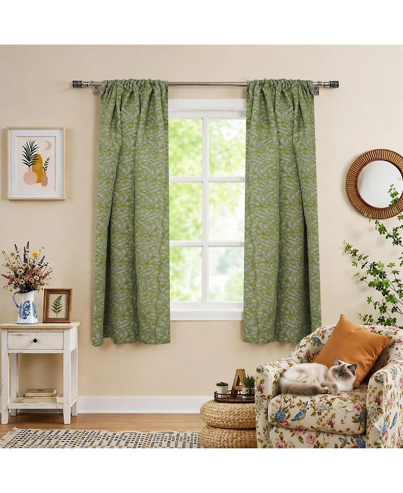 Fabdivine Floral Block Print Rod Pocket Linen Curtain