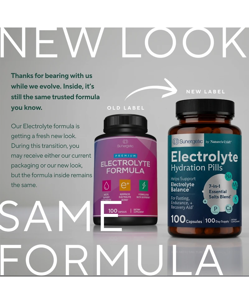 Sunergetic Electrolyte Capsules with Potassium, Magnesium, Calcium and Sodium, Keto-Friendly, Vegetarian, 100 Count