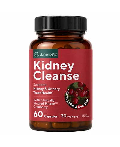 Sunergetic Kidney Cleanse Supplement with Pacran Cranberry, Astragalus and Herbal Blend for Kidney and Urinary Tract Support, 60 Capsules