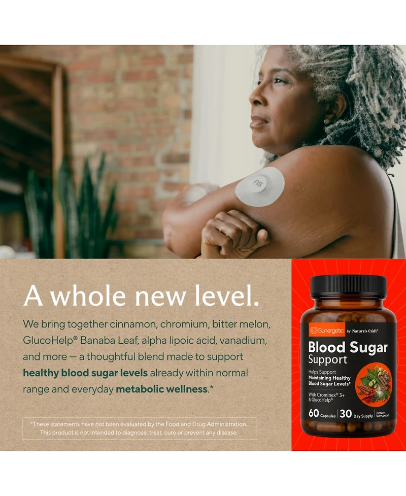 Sunergetic Blood Sugar Support Supplement with Cinnamon, Chromium, Alpha Lipoic Acid and Herbal Blend, 60 Capsules