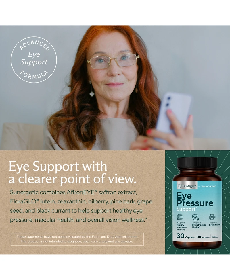 Sunergetic Eye Pressure Support Capsules with FloraGLO Lutein, affronEYE Saffron and Zeaxanthin, 30 Count