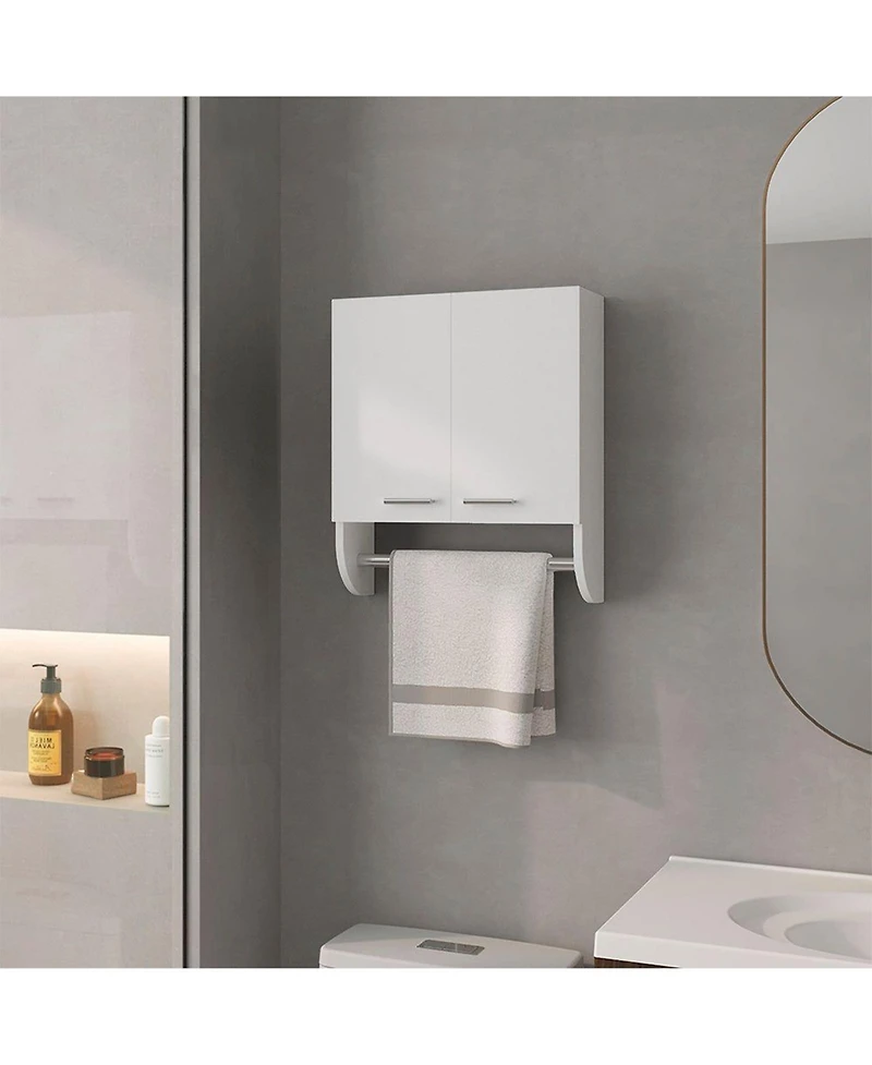 Phying Wall Mounted Bathroom Medicine Cabinet Wood Storage Cabinet with Double Doors Built in Towel Rod