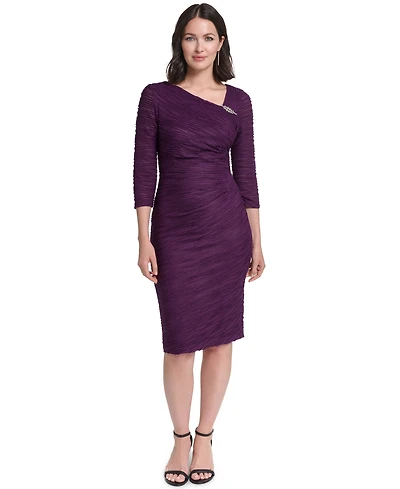 Jessica Howard Women's Elbow Sleeve Asymmetrical Neckline Side Tuck Dress