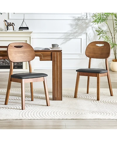 Streamdale Furniture 2 Walnut Solid Wood Dining Chairs with Pu Cushions and Hollow Backs